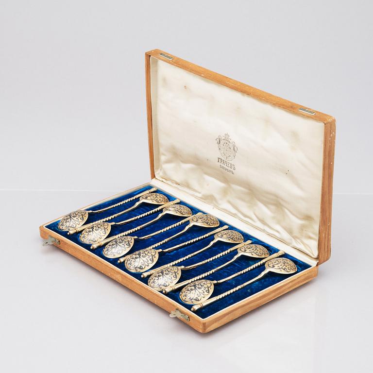 Twelve gilt silver teaspoons, marks of Nikolai Alekseev, Moscow 1886.
