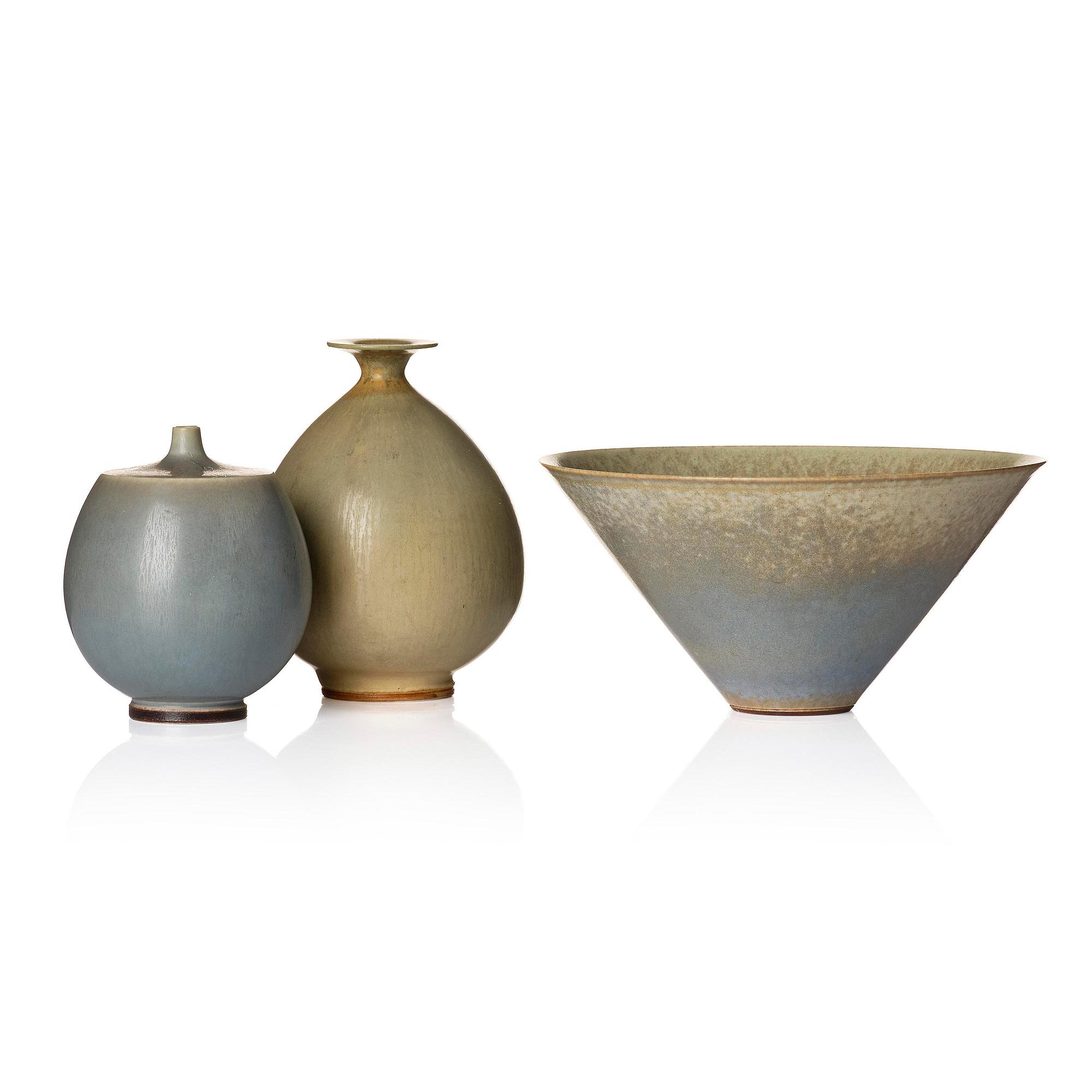 Berndt Friberg, a set of two stoneware vases and a bowl, Gustavsbergs Studio 1955-66.