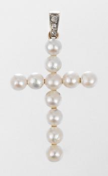 PENDANT/CROSS, set with natural half pearls.