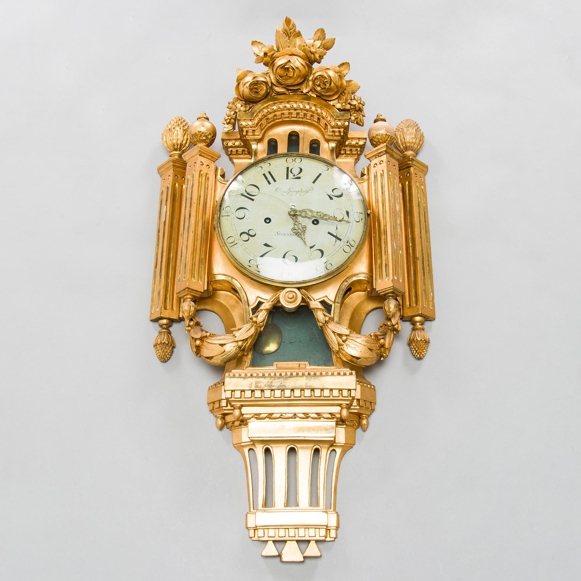 Väggpendyl, signerad Olof Ljungdahl (verksam i Stockholm 1775-1780). Gustaviansk.