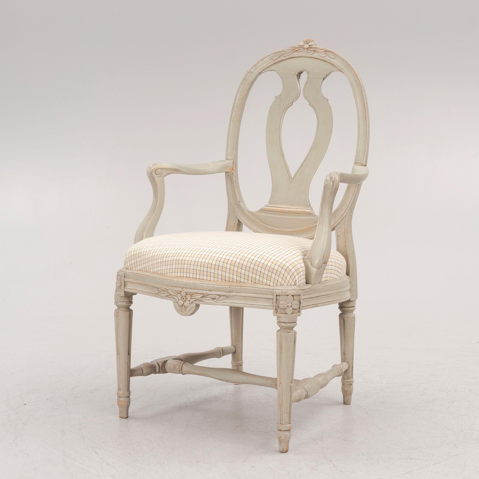 A Gustavian open armchair, Stockholm, late 18th century.