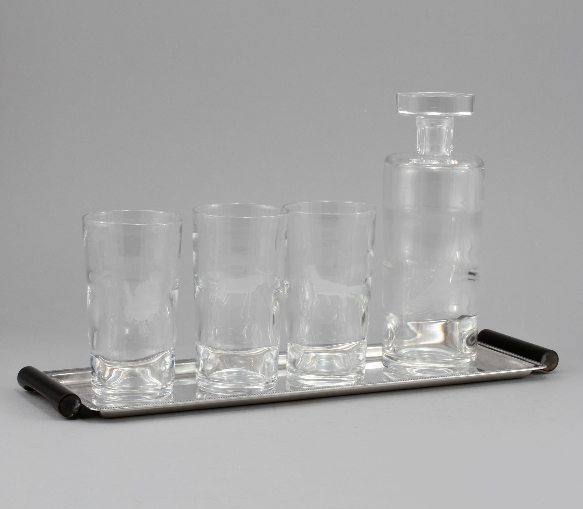 BRICKA samt GLAS, 5 delar, glas och vitmetall, Kosta och GAB, glas daterat 1937?.