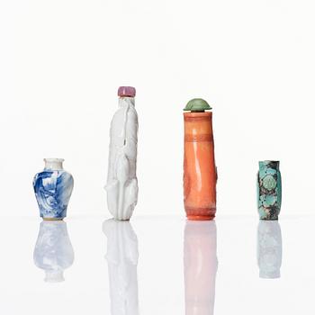 A set of three Chinese snuff bottles and a Chinese miniature vase.