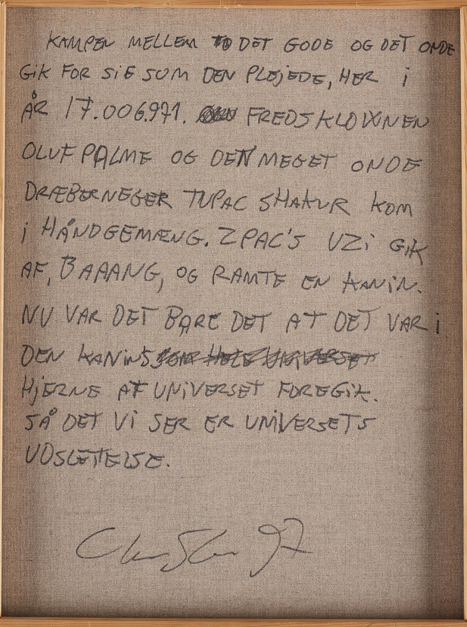 Christian Schmidt-Rasmussen, "Kampen mellom det gode og det onde gikk for seg som det pleide her i år 17.006.971. Fredsklovnen Olof Palme og den...".