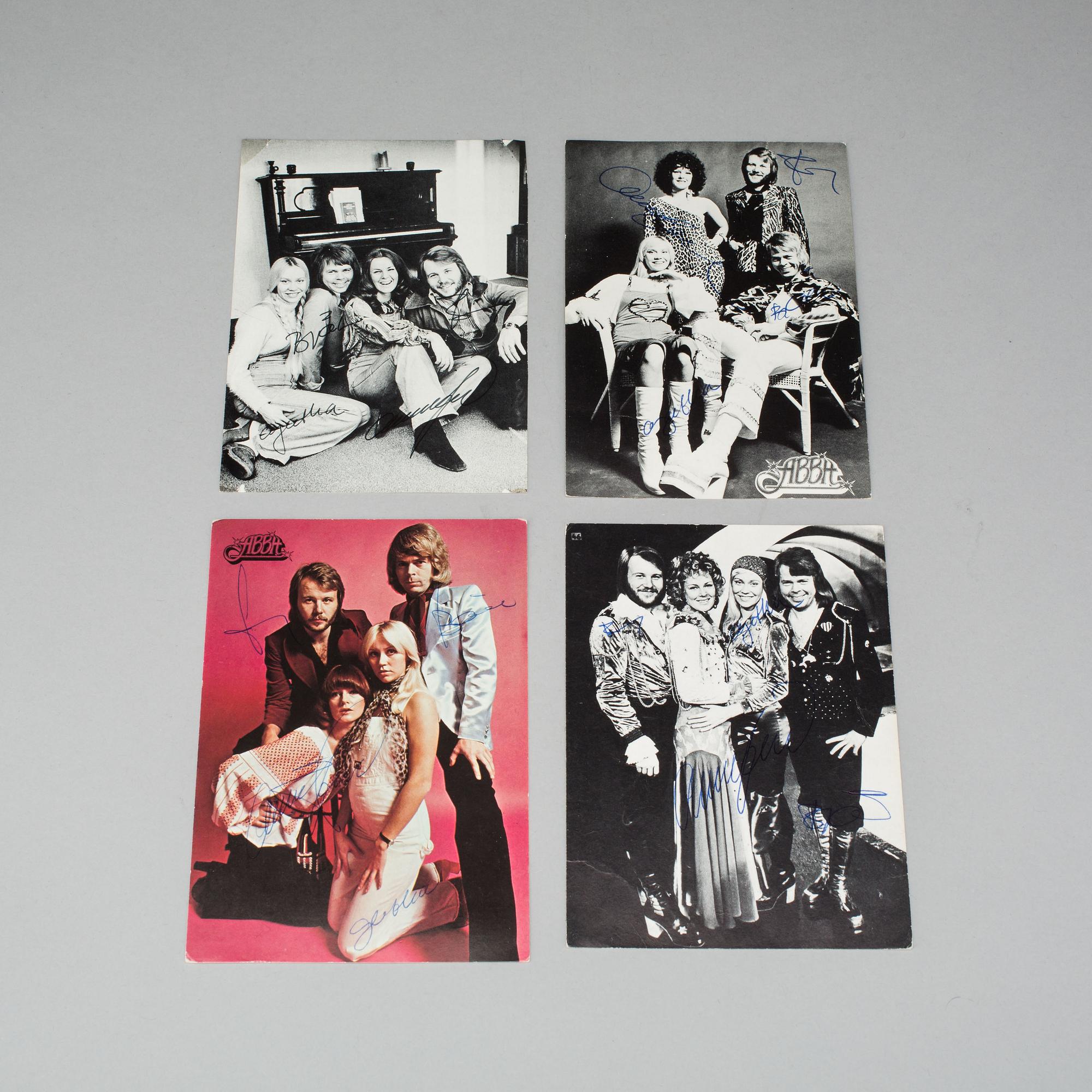 IDOLKORT MED AUTOGRAFER, 4 st, egenhändiga, ABBA. 1970-tal.