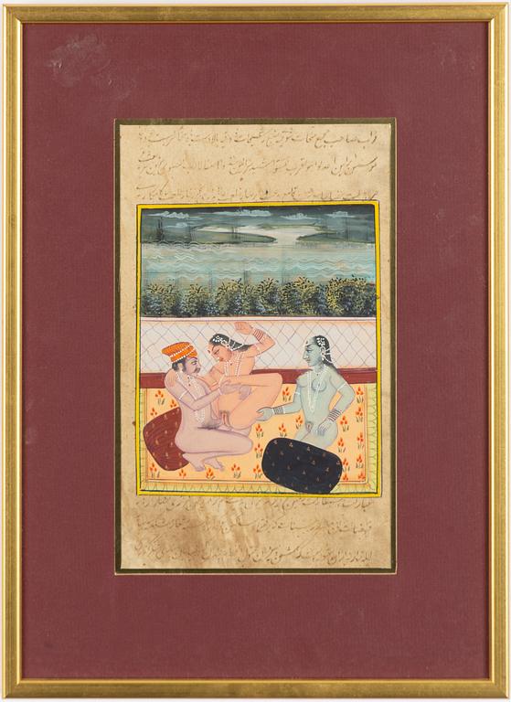 Oidentifierad konstnär, Erotiska scener i interiörer, Indien, 1900-tal. Tre stycken.