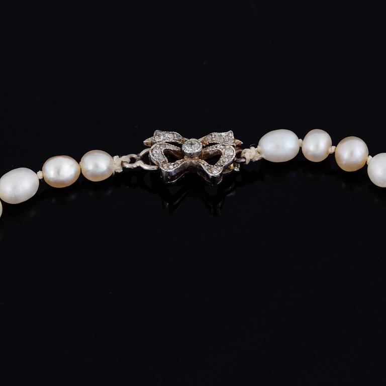 Cultured pearl necklace, clasp with old-cut diamonds.