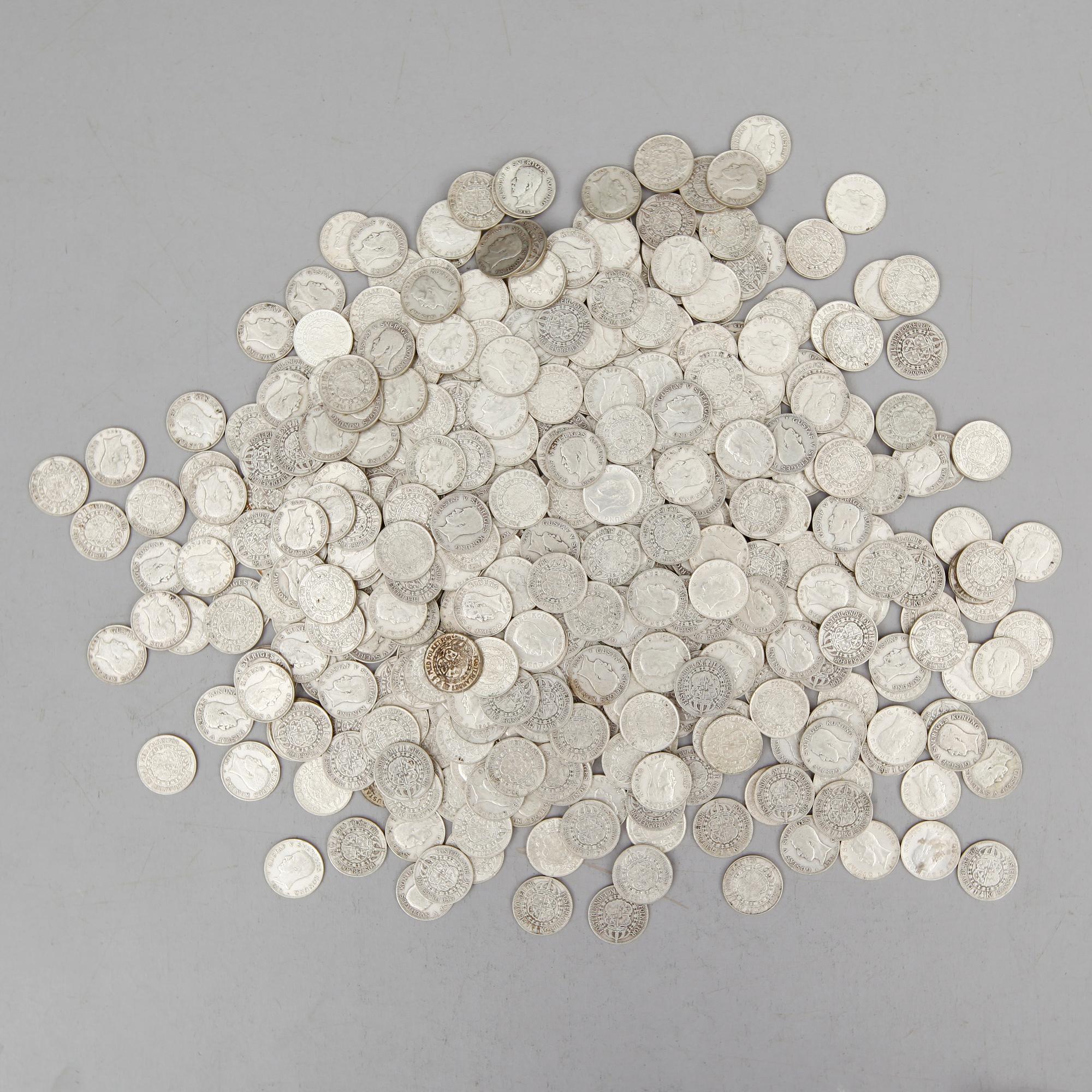 SAMLING SILVERMYNT, enkronor, Gustaf V, 1910-1941. Vikt ca 3000 gram.
