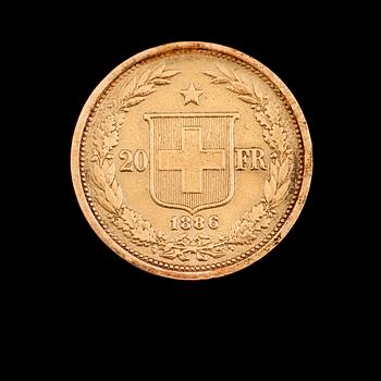 GULDMYNT, 20 franc, Schweiz, 1886. Vikt ca 6 gram.