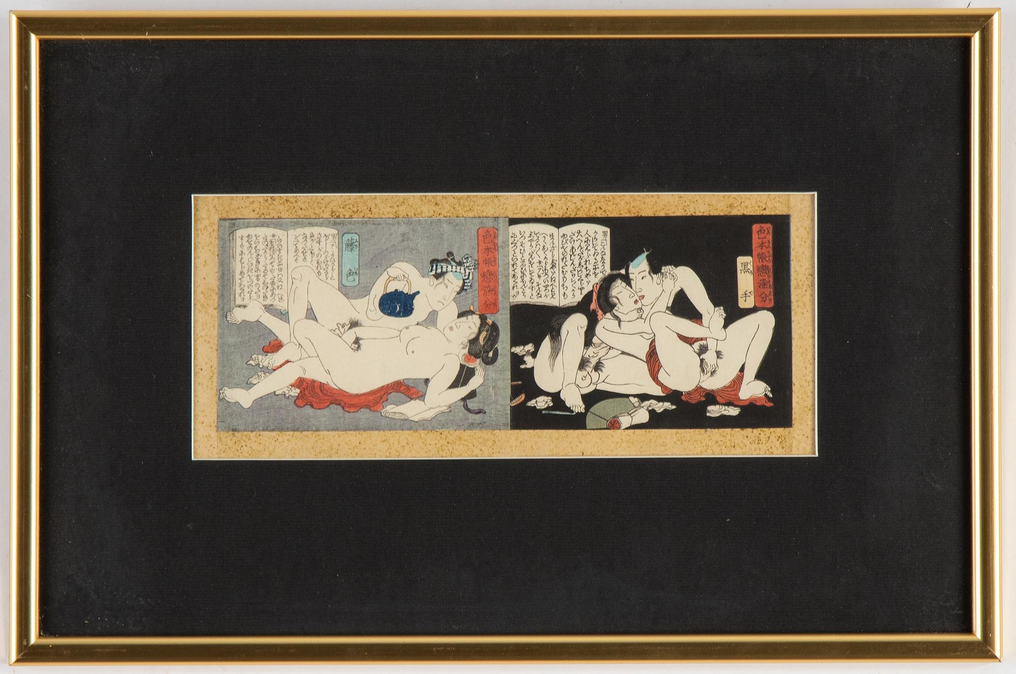 Blad ur album, 6 st, färgträsnitt. Japan, sent 1800/tidigt 1900-tal.