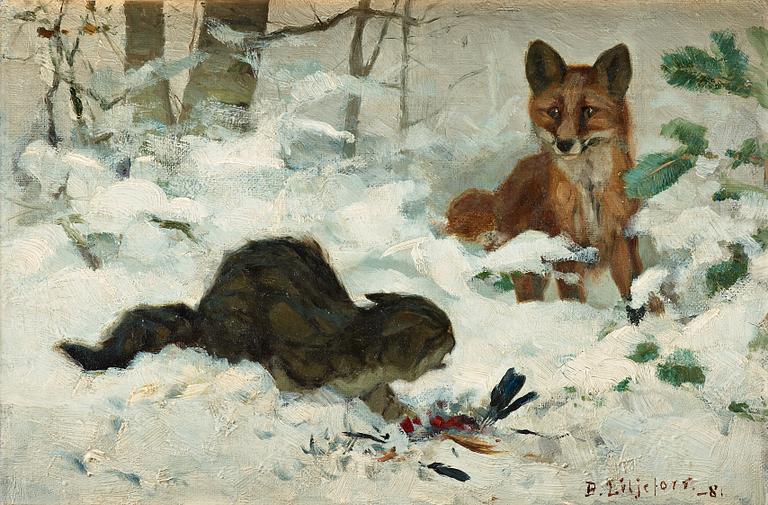 Bruno Liljefors, Hunting cat surprised by a fox.