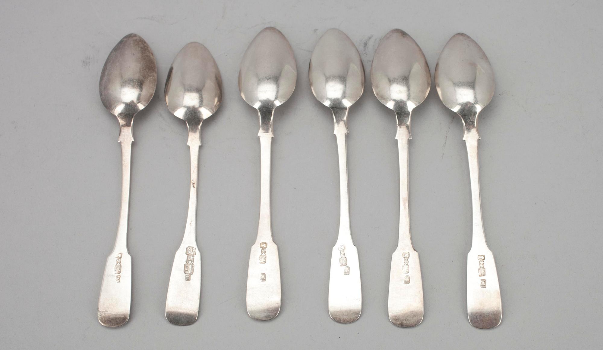 TESKEDAR, 6 st, 84 silver, Moskva 1868. Vikt ca 130,9 g.