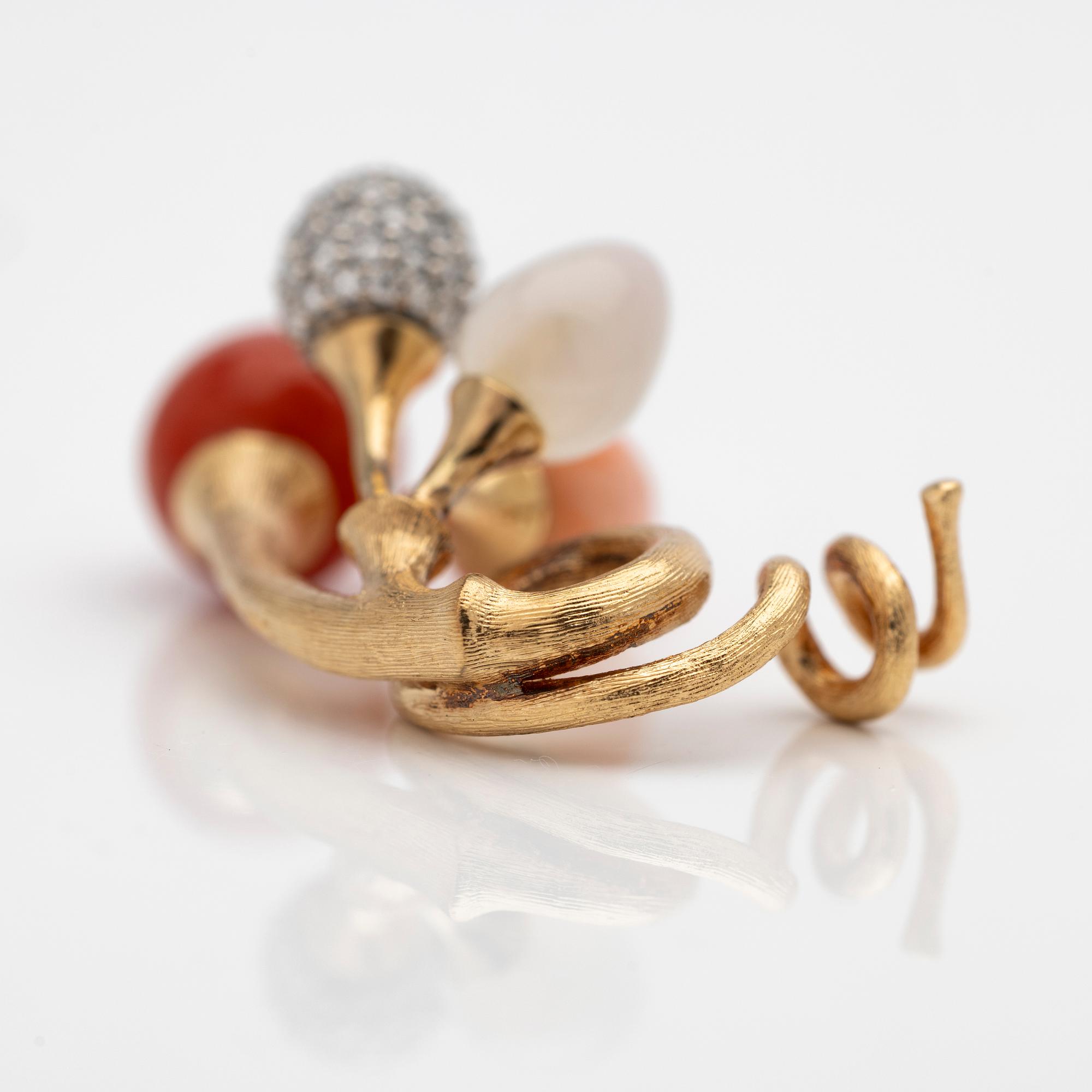 Ole Lynggaard, Pendant, 18K rose gold with red and pink coral, white moonstone and brilliant-cut diamonds, designed by Charlotte Lynggaard.