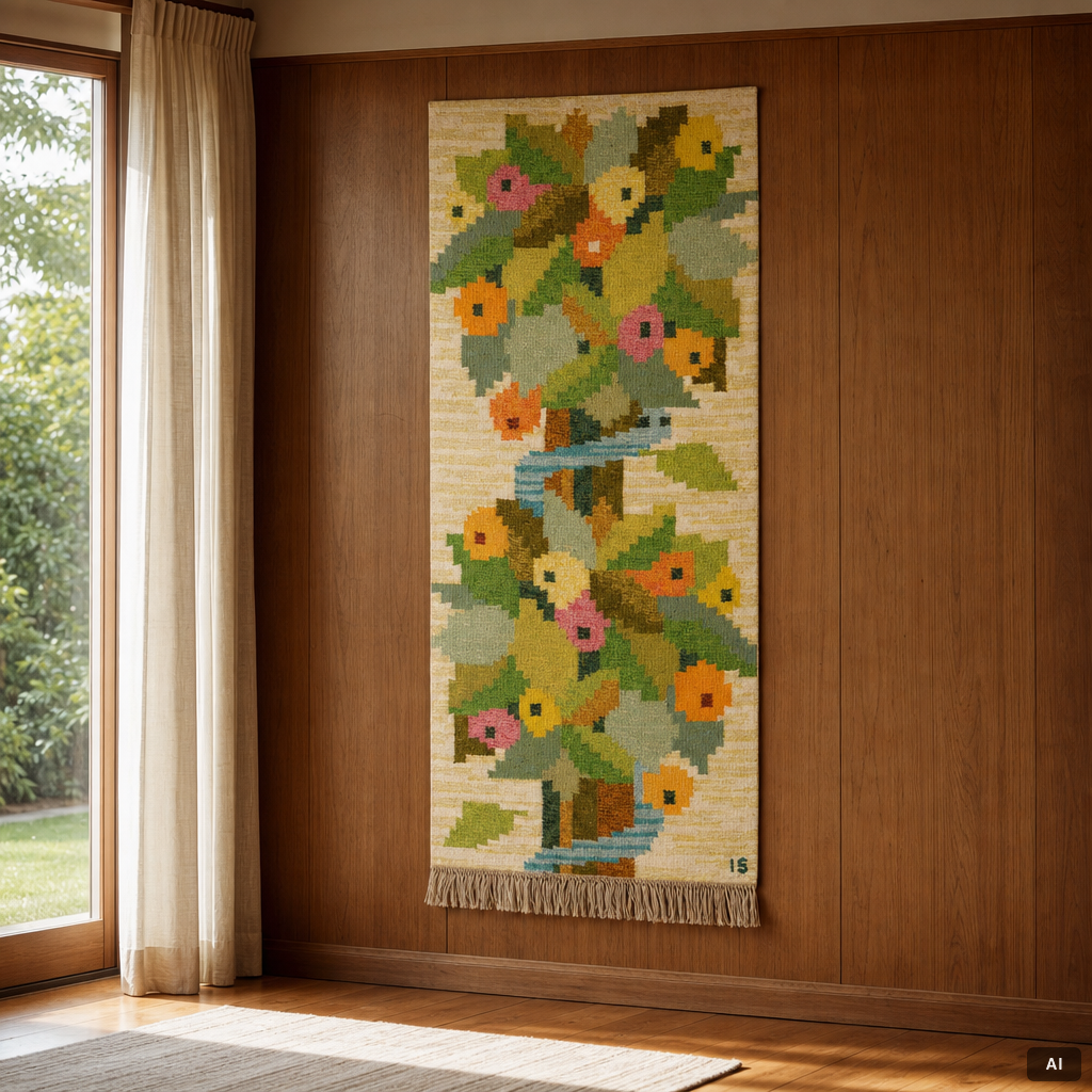 Ingegerd Silow, Wall hanging, röllakan, “Paradisäpple”, signed IS, approximately 170 x 70 cm.