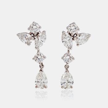 1185. A pair of brilliant-, navette- and pear-cut diamond earrings. Signed Cartier. Total carat weight circa 3.70 cts.