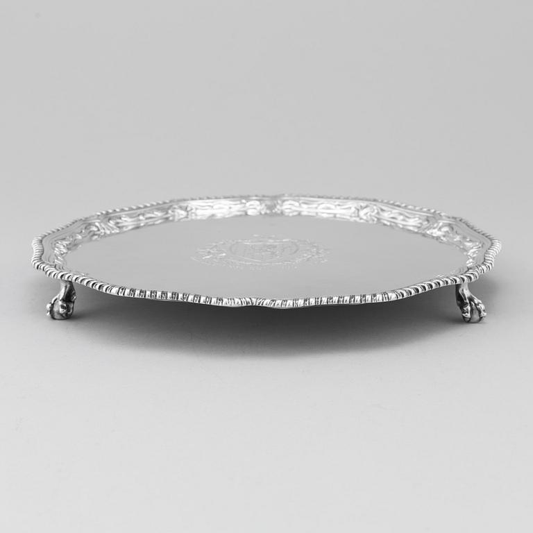 An English 18th century silver salver, mark possibly of John Carter II, London 1770.