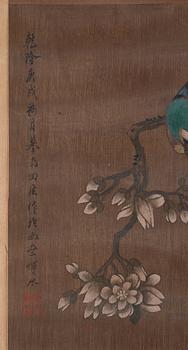 A Chinese scroll painting, ink and colour on silk laid on paper, Qing dynasty, 19th Century, after Yun Bing.