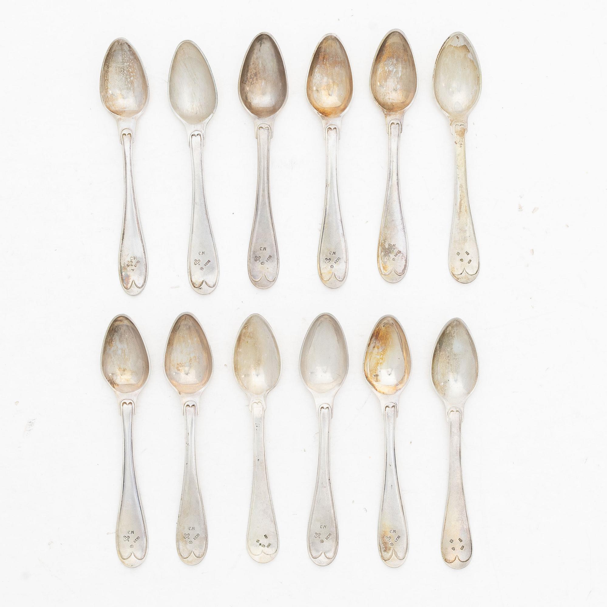 Twelve Swedish silver teaspoons, 19th–20th century.