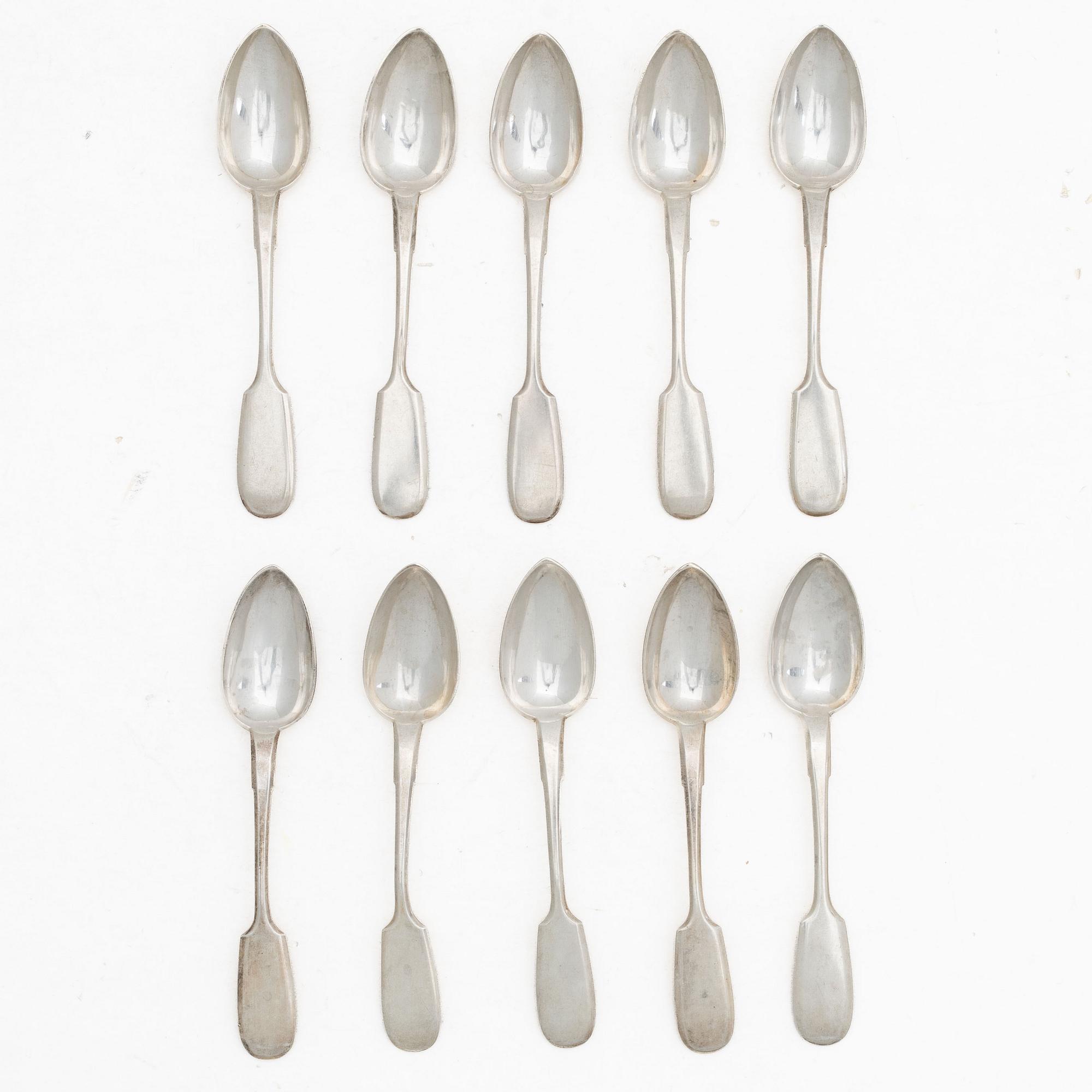 Ten silver teaspoons, Pjotr Tsuksanov, assay mark of Yakov Nikolayevich Lyapunov, St Petersburg, 1898–1903.