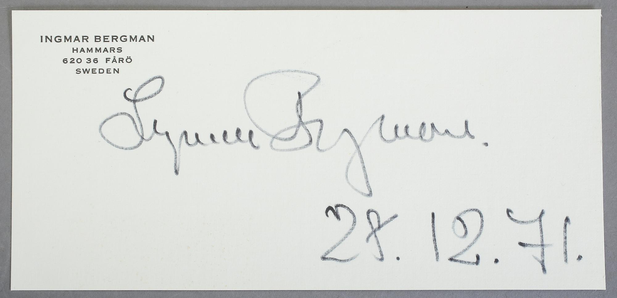 INGMAR BERGMAN, brevkort med namnteckning, dat 28.12. 71.