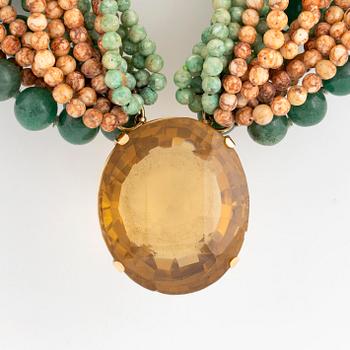 Stone bead necklace, clasp Engelbert, 18K gold with large citrine.