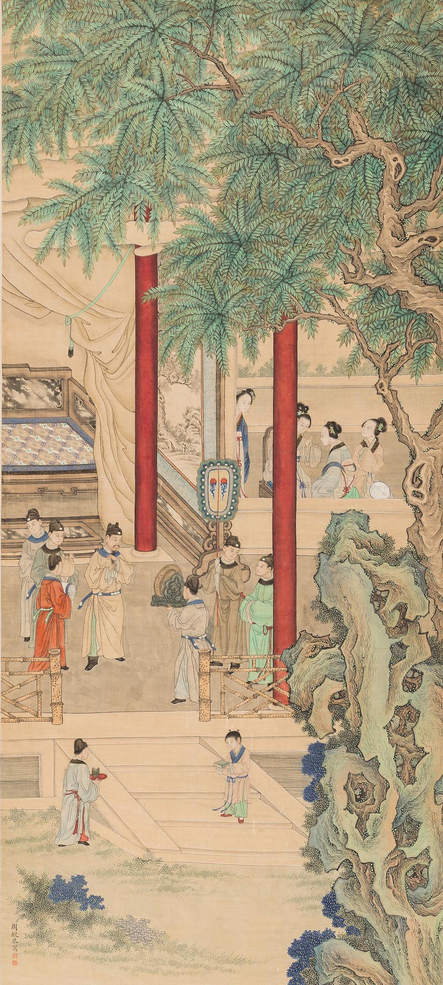 A Chinese hanging scroll, ink and color on silk. Zhou Kun, his school, first half of the 20th century.