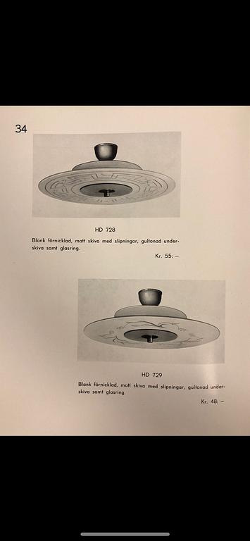 Erik Tidstrand & Edward Hald, ceiling lamp, model "HD729", Nordiska Kompaniet and Orrefors, 1930s.