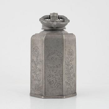 A pewter wine flask, dated 1798.