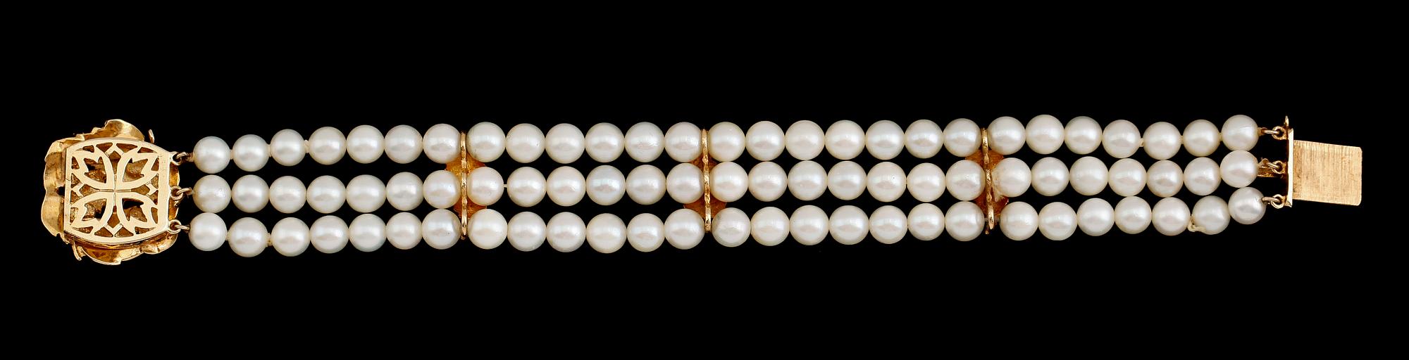 ARMBAND, 14 k guld, odlade pärlor, rubin, smaragd, safir samt briljant.