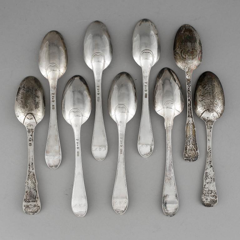 MATSKEDAR, 9 st, silver, bla Lindegren, Borås 1784. Tot ca 547 gram.