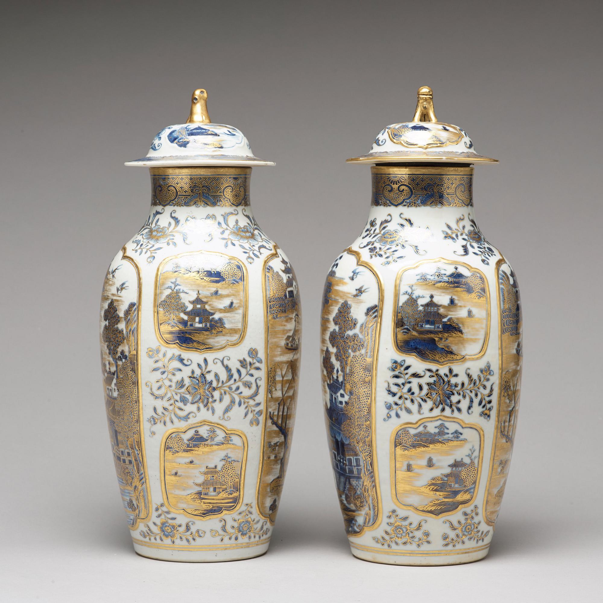 A pair of blue and white vases with covers, Qing dynasty, Qianlong (1736-95).