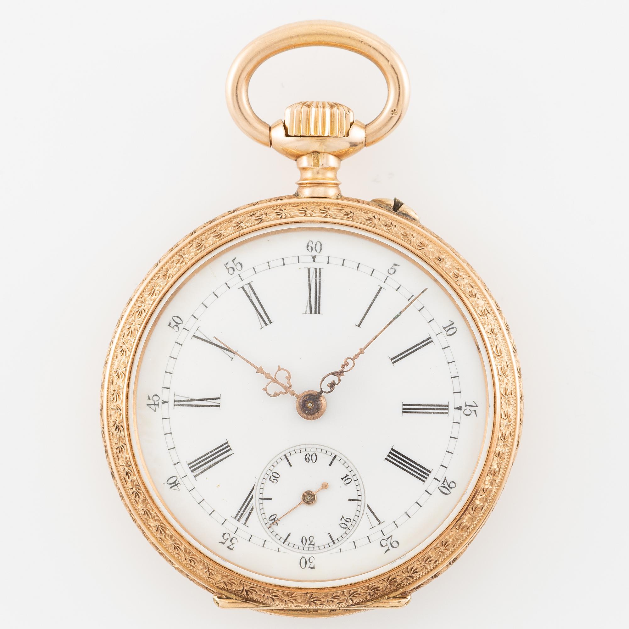 Fickur, 14K guld med etui, 36 mm.