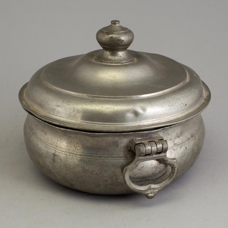 A lidded pewter bowl by Lars Löfgren (active 1823-73), Uppsala, Sweden.