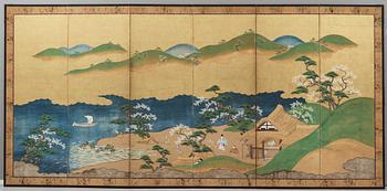 A pair of Japanese six panel screens, Edo period, 19th Century.