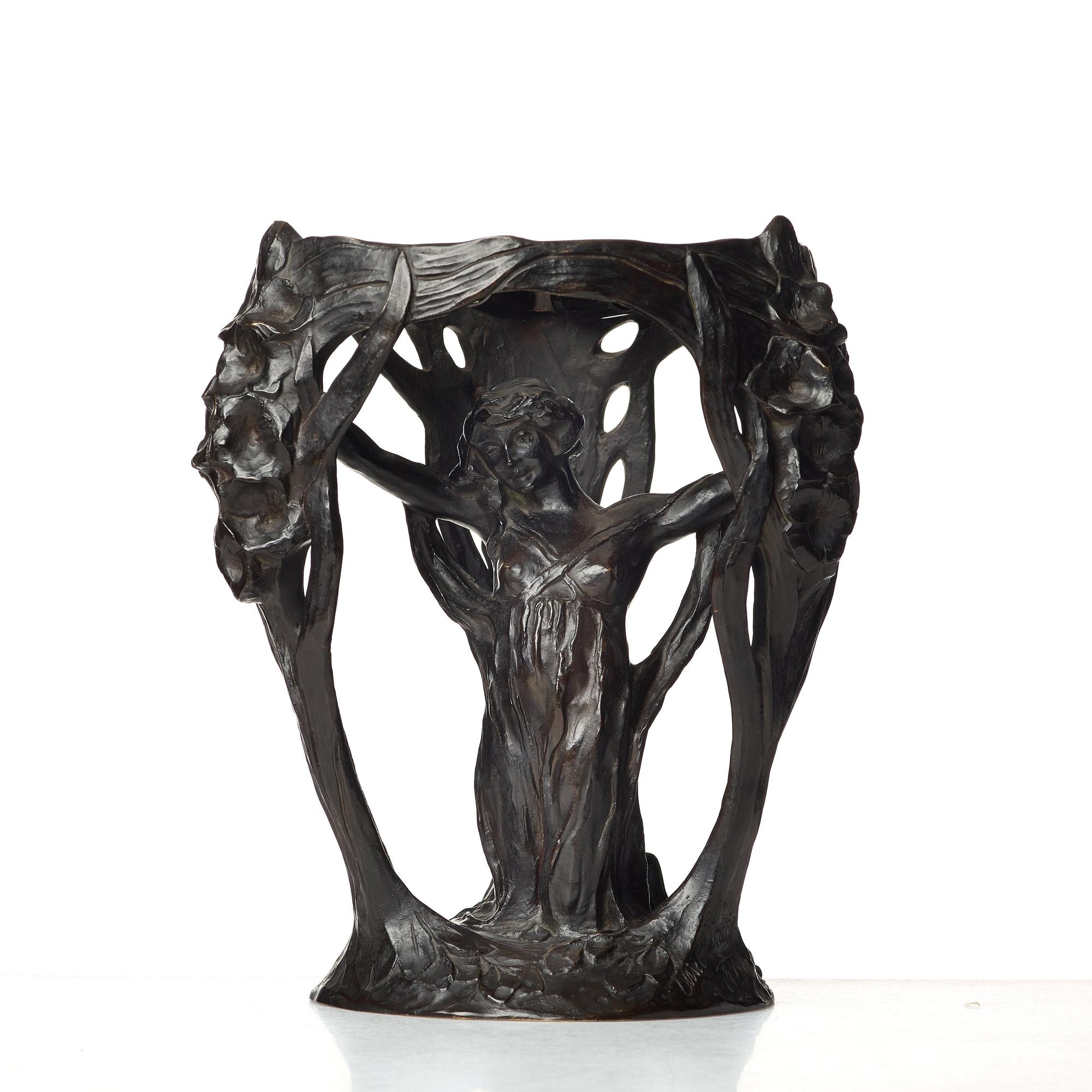 Alice Nordin, a brown patinated bronze Art Nouveau table lamp by Herman Bergman, Stockholm 1912.