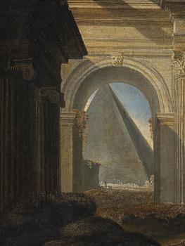 Giovanni Ghisolfi, follower of, Ruined landscape with resting figures.