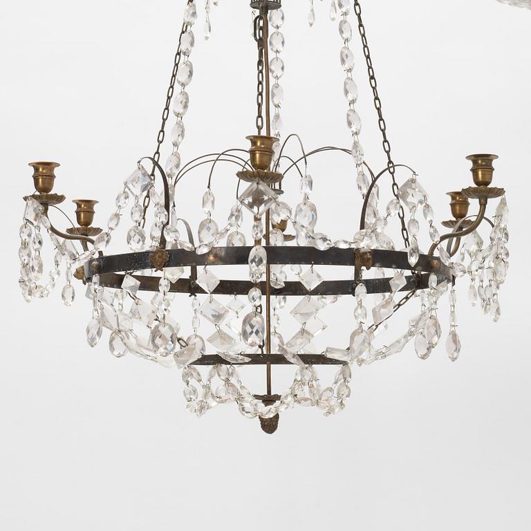 A Gustavian style chandelier, around the year 1900 incorporating older elements.