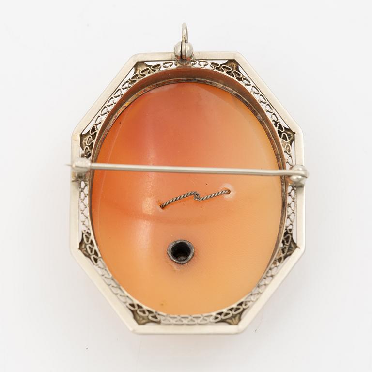 Brooch/pendant, 14K white gold and pendant in 18K gold, both with shell cameos, one with a small diamond.
