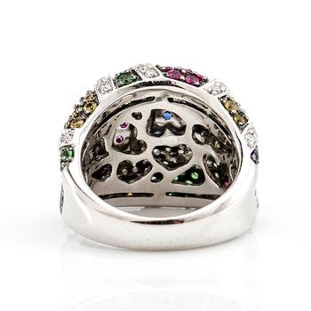 Ring in 18K white gold with round brilliant-cut diamonds and faceted coloured stones.