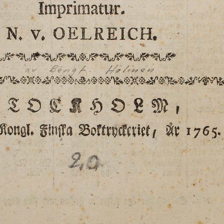 SWEDISH topography. (Holmen, BENGT), 1765.