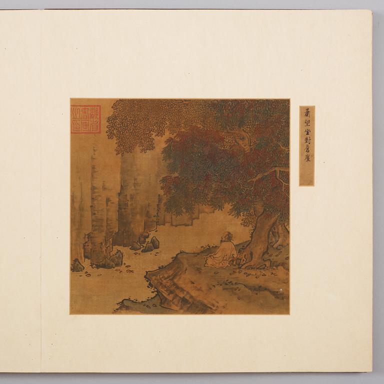 ALBUM, med 12 MÅLNINGAR/FRAGMENT samt 3 KALLIGRAFIER. "Song hua ji jin ce", Qing dynastin, troligen 16/1700-tal.