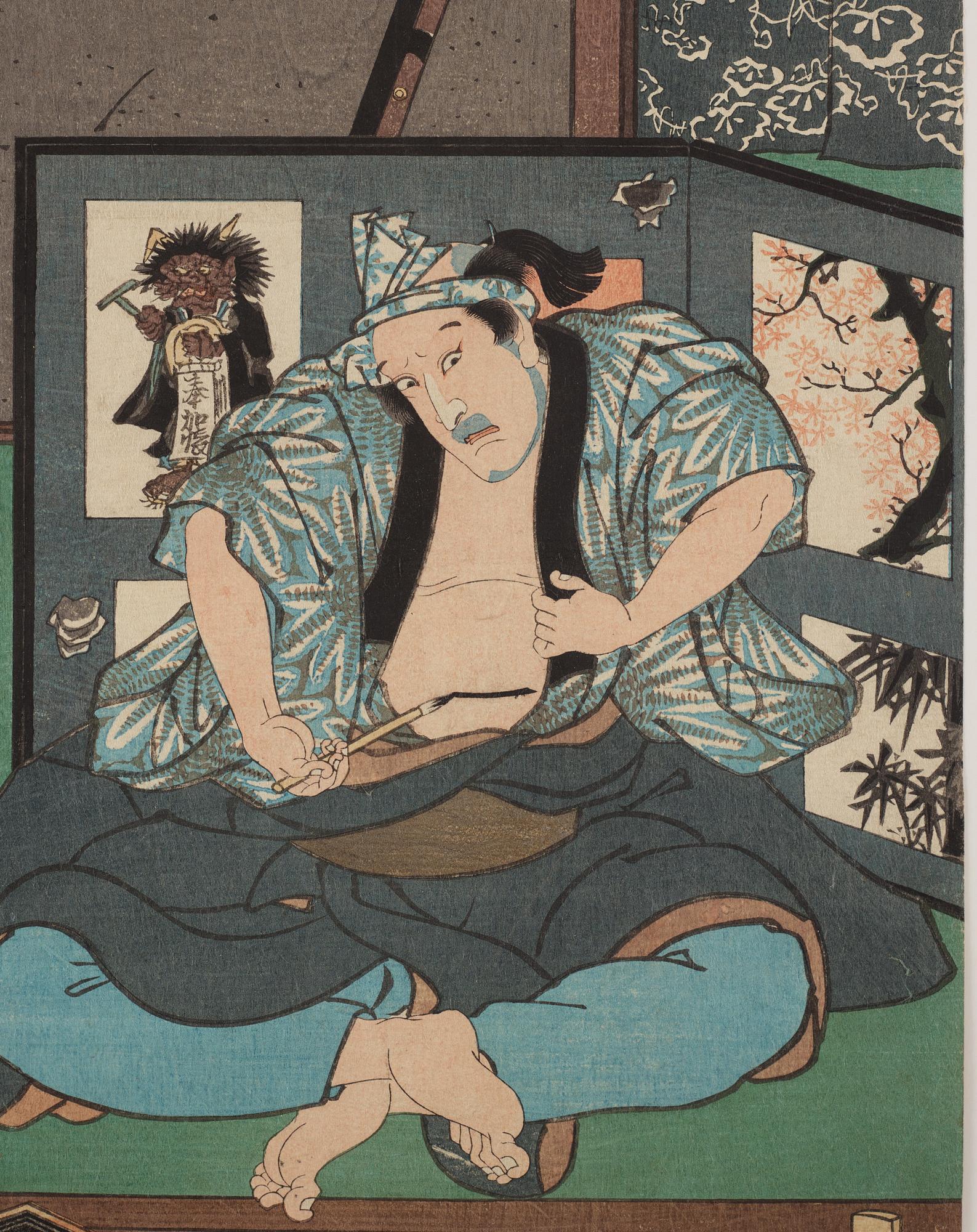 UTAGAWA KUNISADA (1786–1864), färgträsnitt, två stycken. Japan, 1800-tal, "Tale of Shiranui".