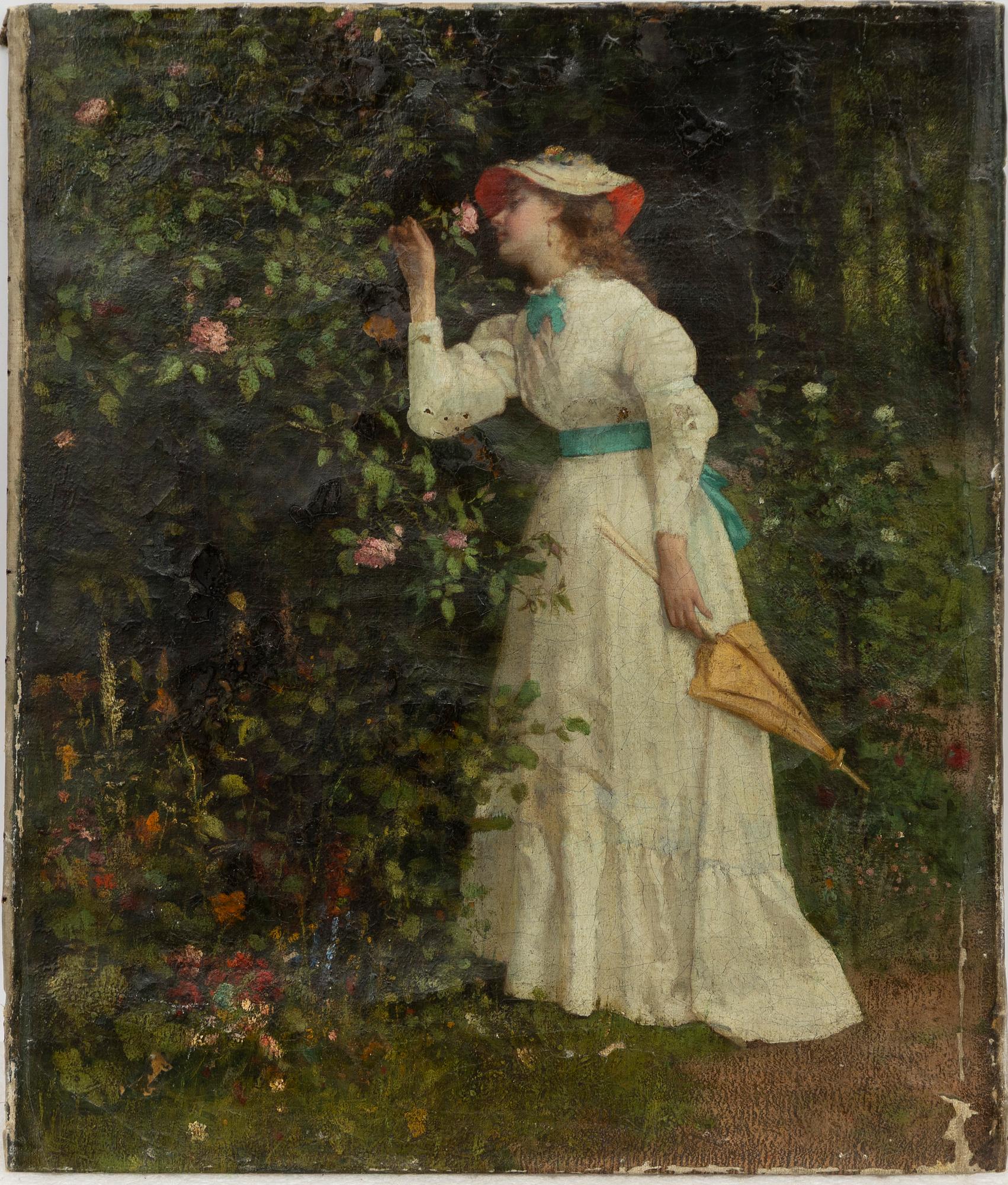 Okänd konstnär, 1800-tal, Kvinna vid rosenbuske.