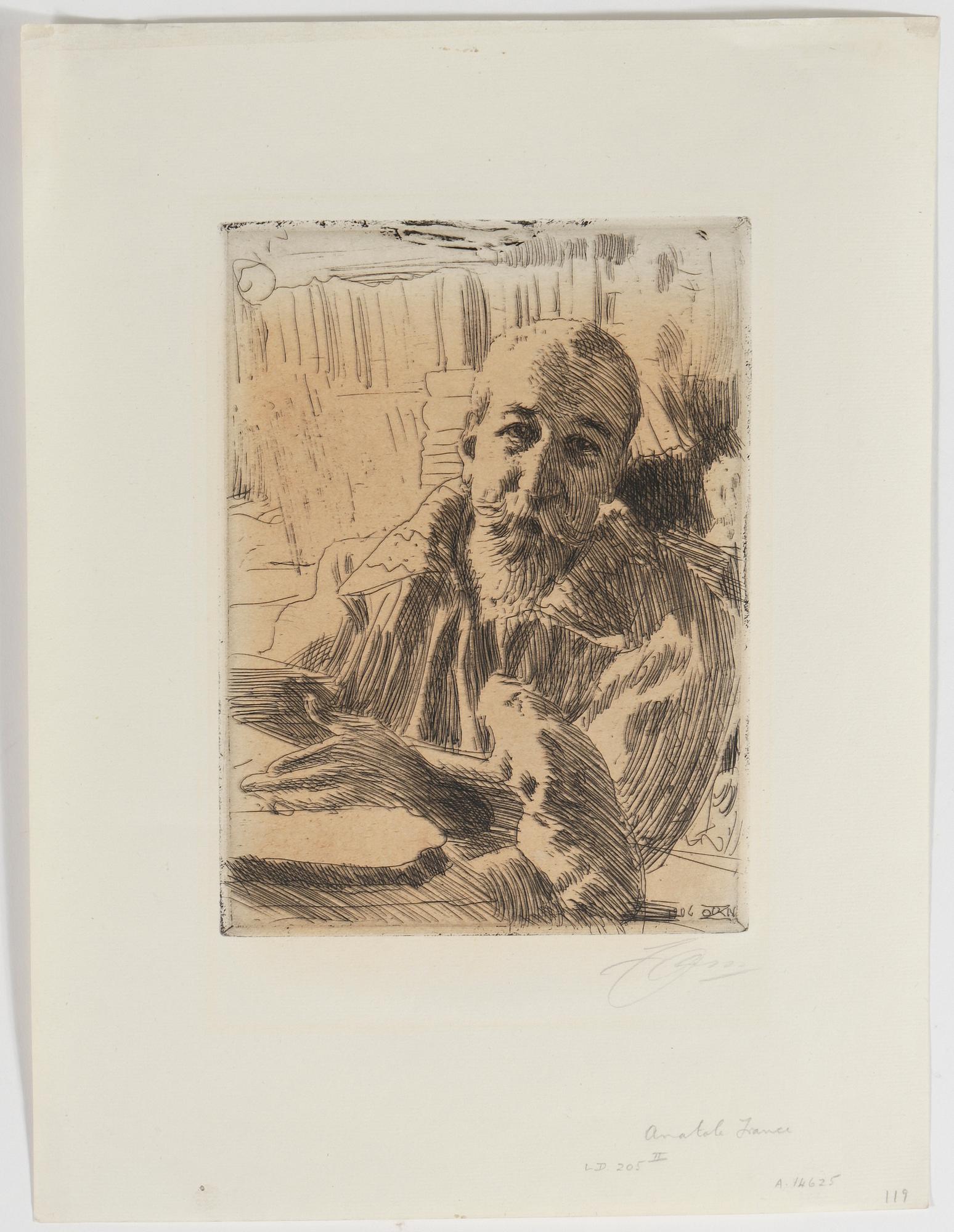 ANDERS ZORN, etsning, "Anatole France", signerad med blyerts, signerad och daterad 1906 i plåten.