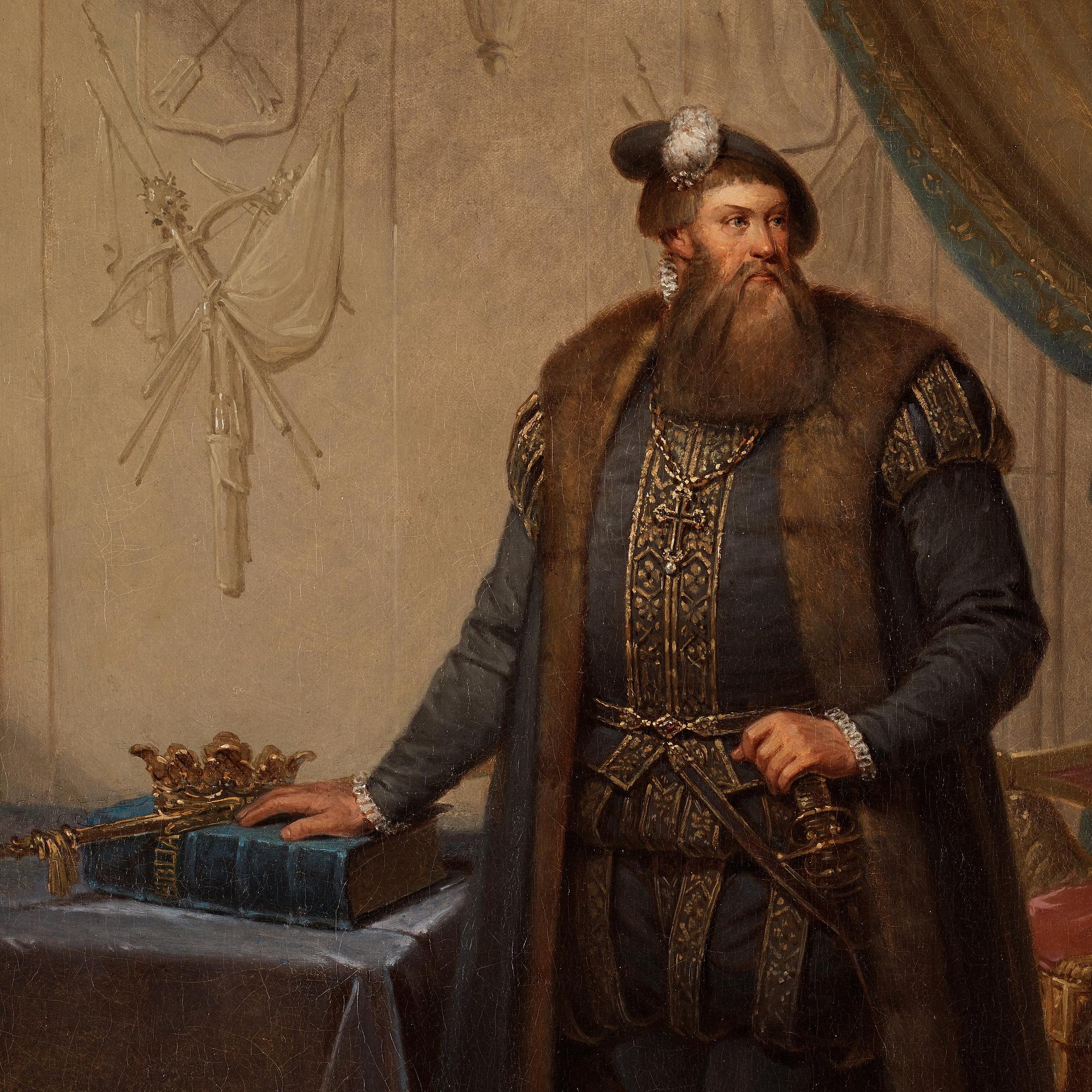 Johan Gustaf Sandberg, Gustav Vasa stående i en slottsinteriör intill ett draperat bord vilandes ena handen på Vasabibeln.