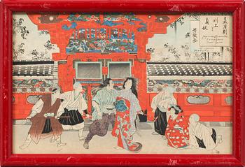 Four woodblock prints, i a Yoshiiku, probably from the first half of the 20th century.