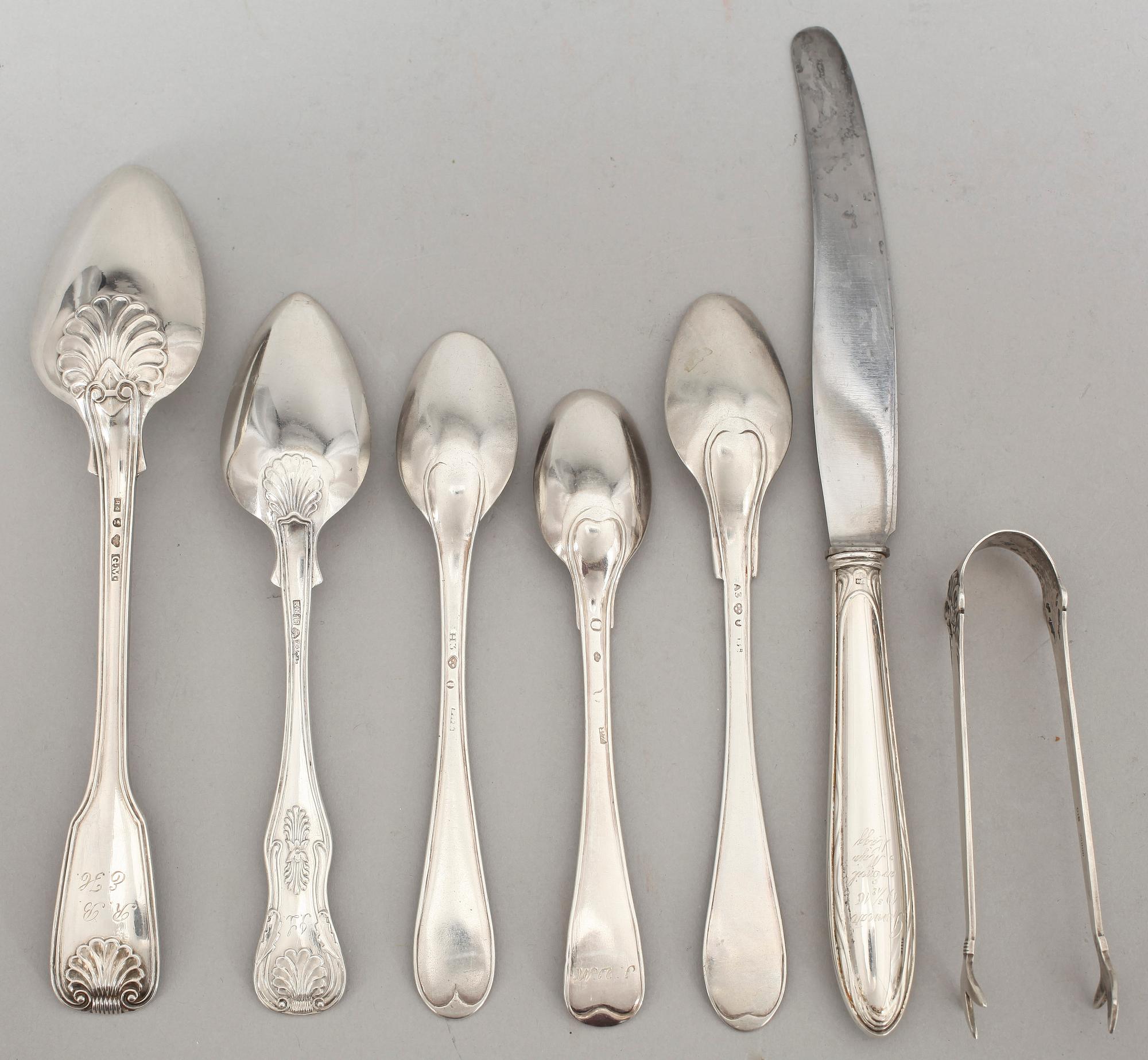 PARTI BESTICK, 22 delar, silver, olika mästare, mest Sverige, 1800-1900-tal. Tot ca 590 gram.