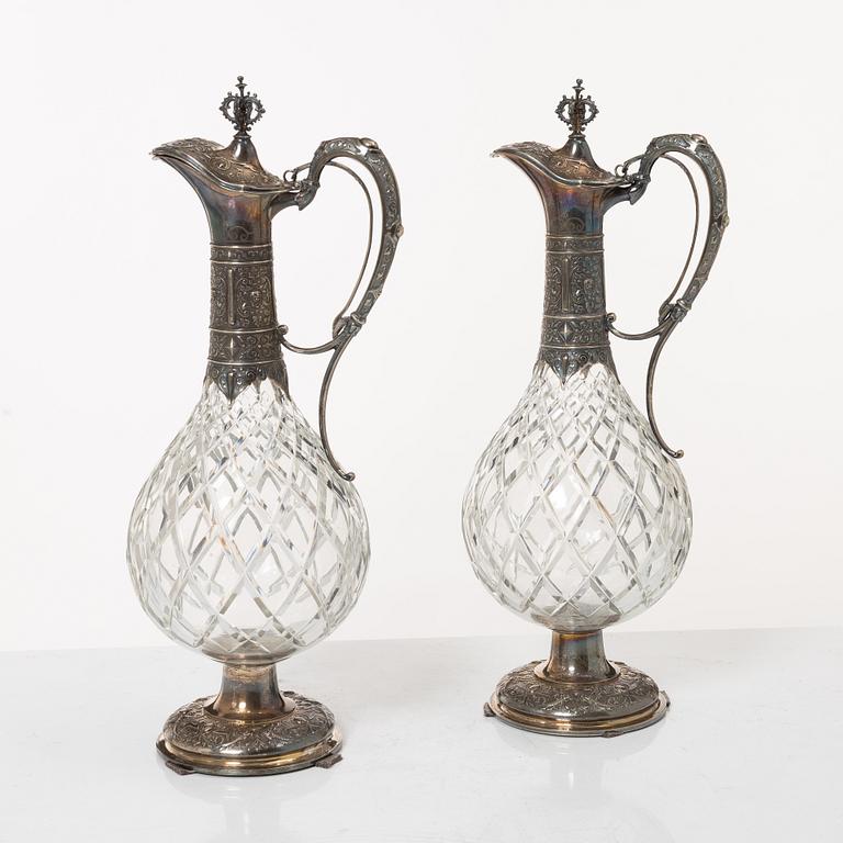 Decanters, a pair, silver and glass, with mark of G Möllenborg, Stockholm 1877.