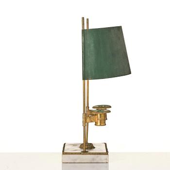 A Gusttavian gilt brass, white marble and tole two-light reading lamp, late 18th century.