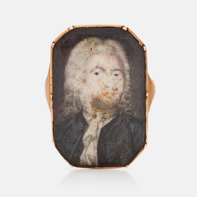RING med miniatyrporträtt troligen föreställande Johan Henrik Scheffel (1690-1781). Hans krets.